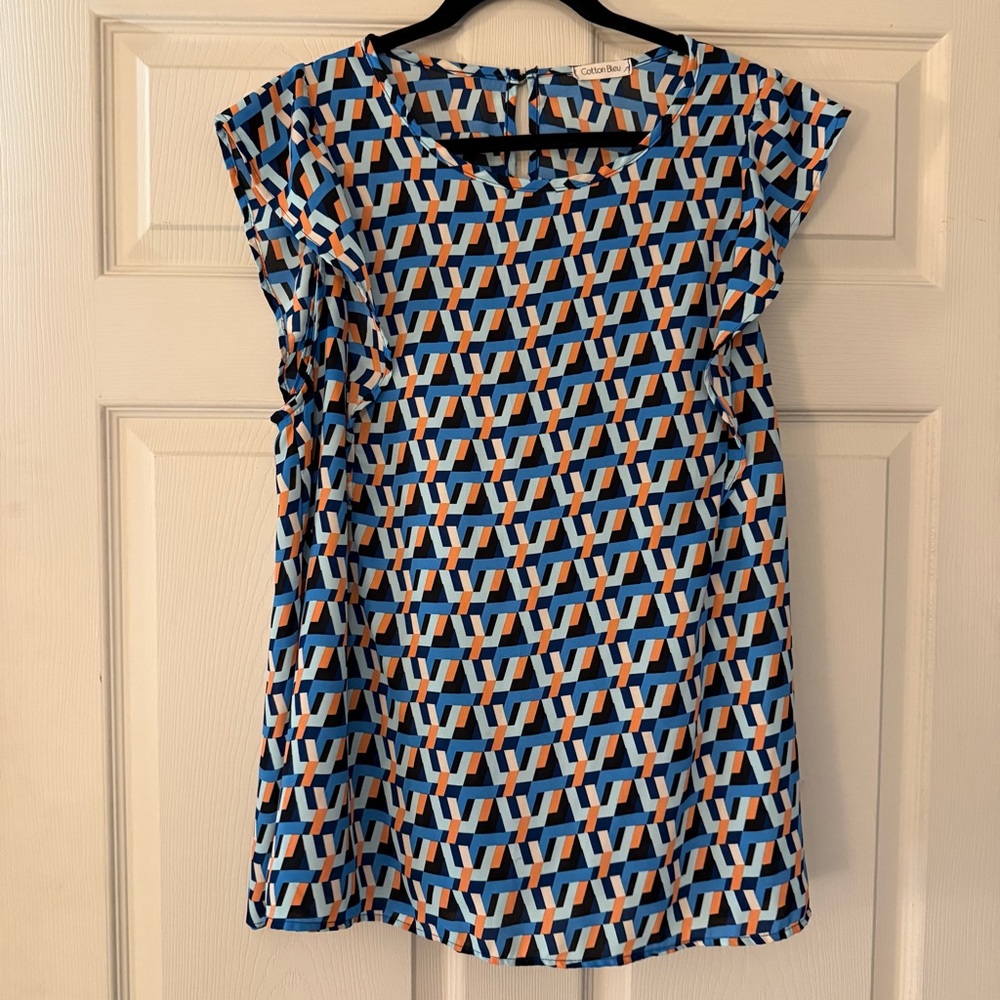 Cotton Bleu Geometric Print Blouse Size XL Blue Orange